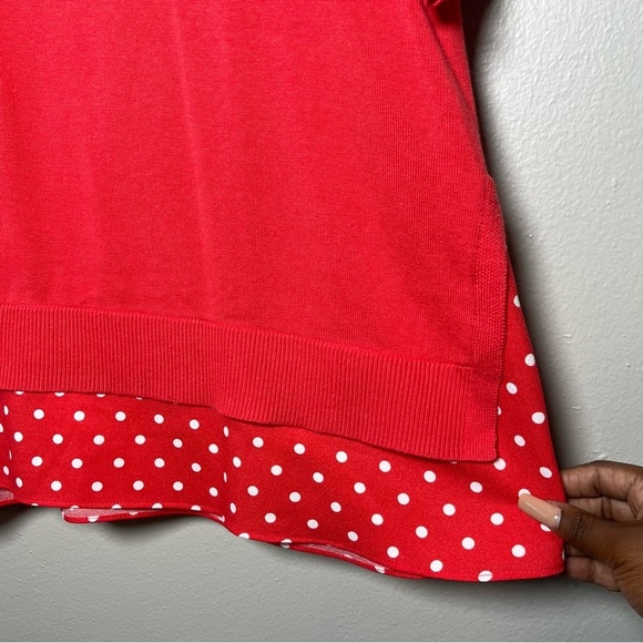 NEW Isaac Mizrahi Women Knit Top‎ 1X Hot Pink Red Mixed Media Polka Dot Trim - Picture 3 of 8